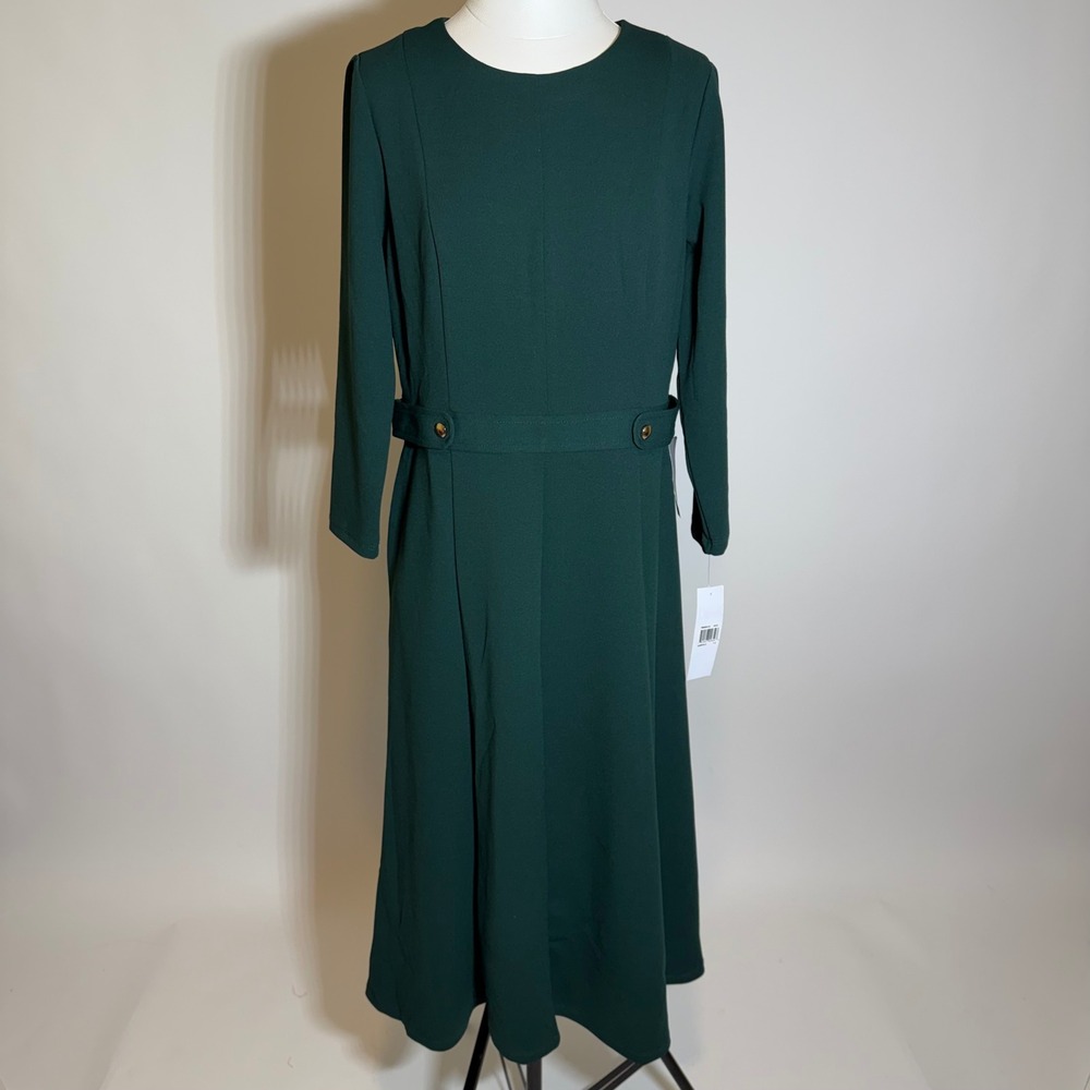 NWT London Times Green 3/4 Sleeve Side Tab Fit & Flare Midi Dress Womens Size 12